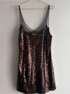 Sequin Slip Dress with Sheer Mesh- Bronze/Black